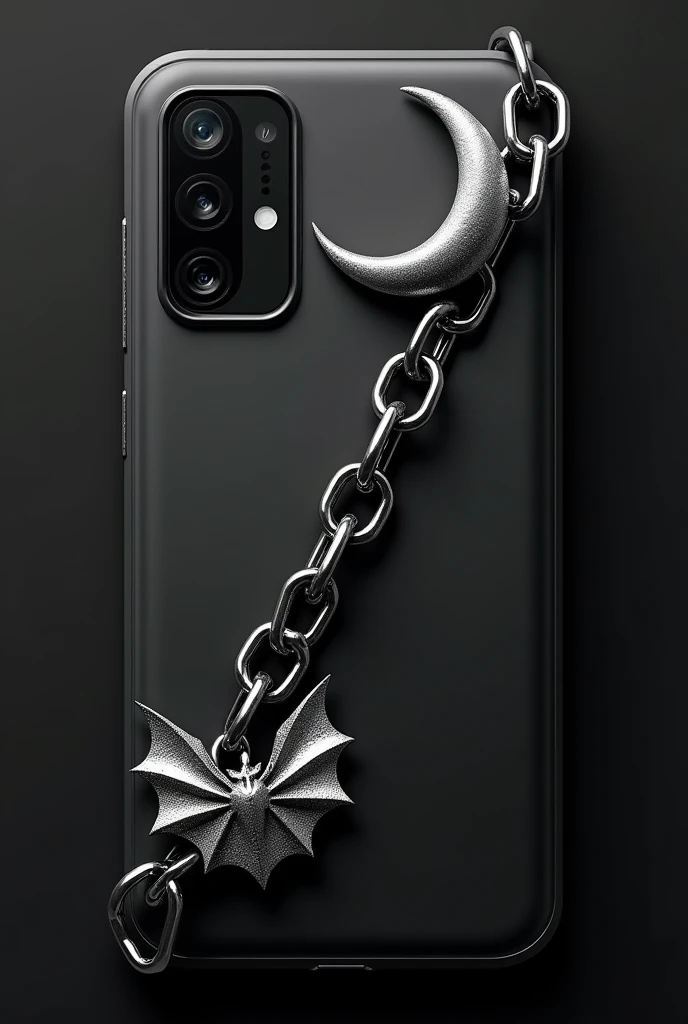 Black phone case with 3D silver bat at the bottom next to the camera on the left side, silver half-moon made of steel in the bottom right corner and a silver chain passing through the middle, going from the top right corner of the case to the bottom left corner of the 3D Samsung A25 cell phone case