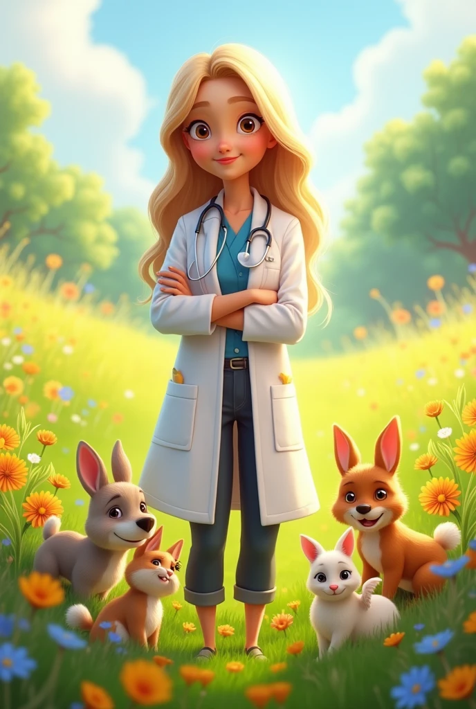 Most realistic Pixar poster of a white woman with blonde hair and light brown eyes in a white coat is a veterinarian in a beautiful field with several animals