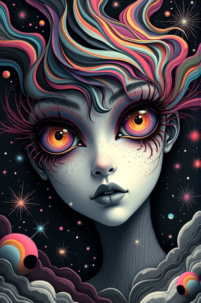 Psychedelic eyes melting black and white.