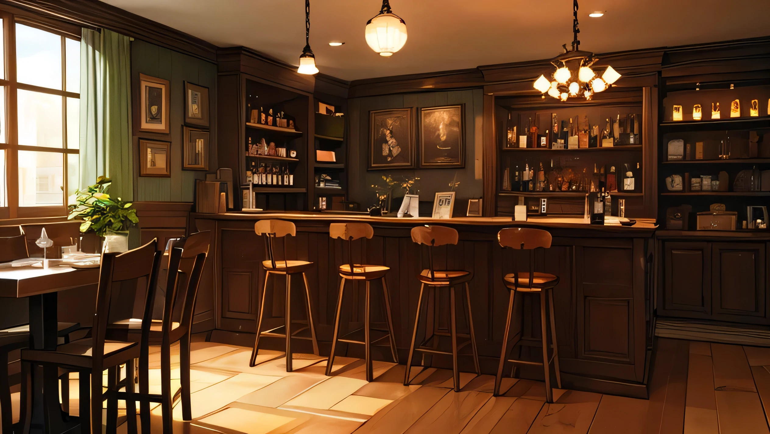 The interior of a bar with a cozy and welcoming atmosphere. The room features several wooden tables with chairs arranged around them, creating a comfortable seating arrangement. In the center of the space, a large flat-screen TV is mounted on the wall, ensuring it is highly visible from most seating areas. The bar itself is made of polished wood with high stools positioned along it. The decor includes warm lighting, with pendant lamps hanging above the tables and some ambient lighting around the bar area. There are shelves with bottles of liquor and glassware behind the bar. The overall color scheme is warm and inviting, with earthy tones and a few decorative elements like framed pictures or art on the walls. The scene is set during the day, with natural light streaming in through large windows or doors, giving the space a bright and lively feel.
