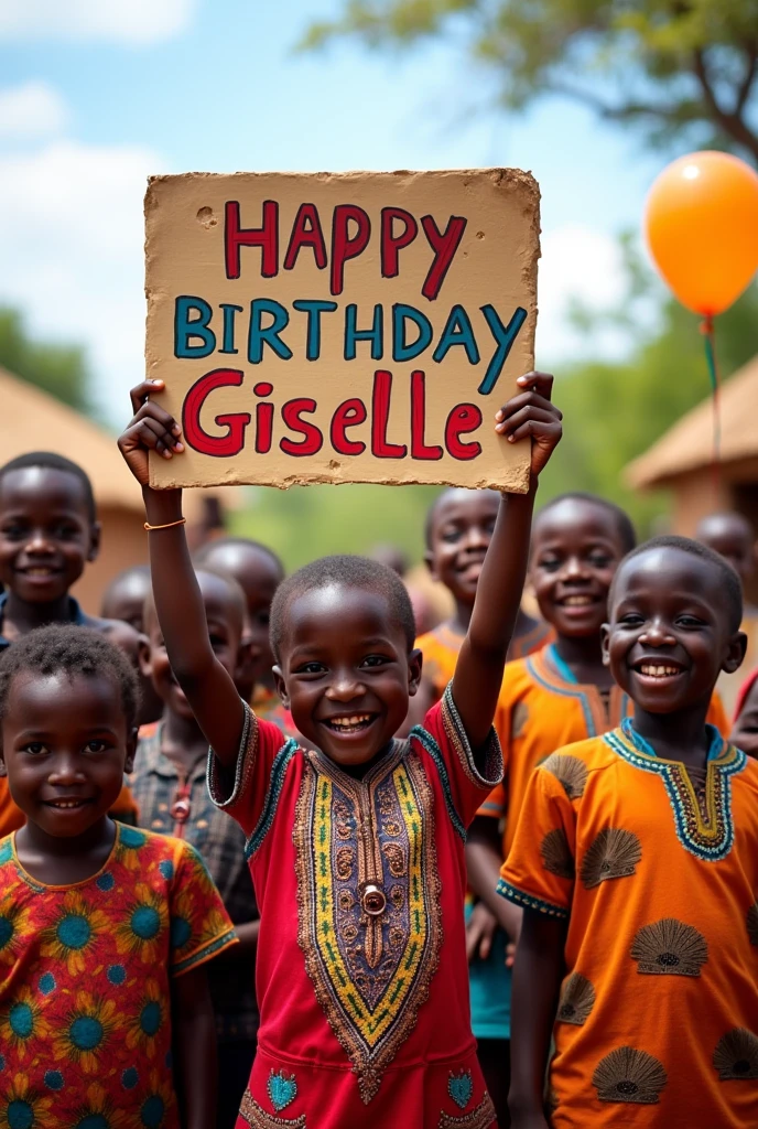 African children with a sign that says "Happy birthday Giselle"