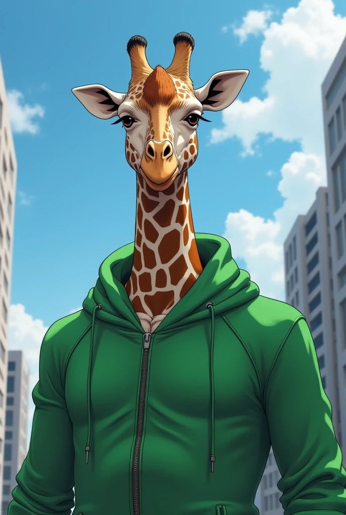 A giraffe dressed in green poses for a photo in a city., Statue of Kentaro Miura, The consulting team is focusing on the community, Fan Fury, Tatsumaki from one punch man, Tatsumaki, fubuki, Realistic full figure, thicc, cyberpunk oppai, oppai, Very realistic anime, Highly detailed anime