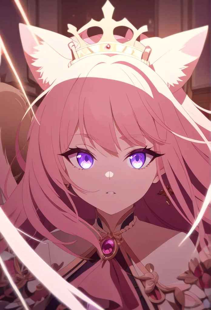 a young girl, cat girl, long pink hair, purple eyes, long cat ears, large and long pink tail, beautiful detailed eyes, beautiful, extremely detailed eyes and face, longeyelashes, soft lighting, warm color palette, cinematic composition, dramatic lighting, professional, physically-based rendering, sharp focus, vivid colors, Queen's outfit very detailed,