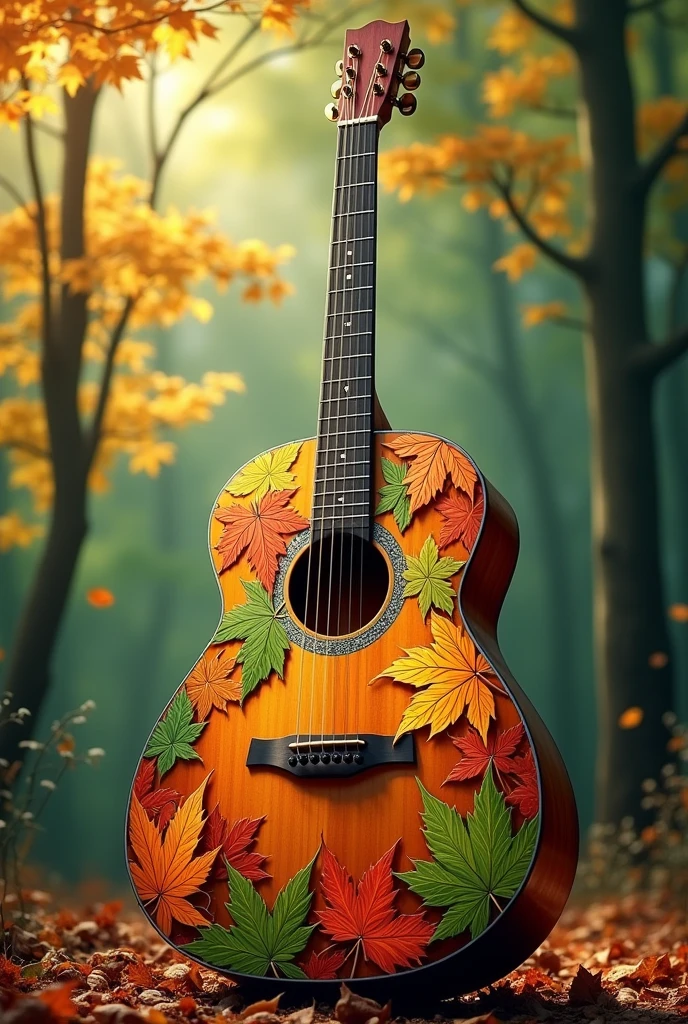 Guitar decorated with paint with drawings of leaves from different trees 