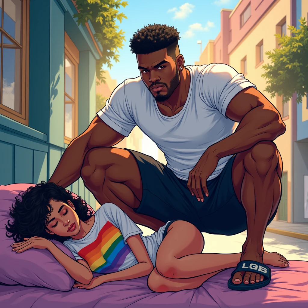 anime art: marvel art style, a masculine 18-year-old black guy with a big bulge, wearing white t-shirt, black nike shorts and slides flops , He's squatting down on top of a sleeping woman wearing lgbt shirt
