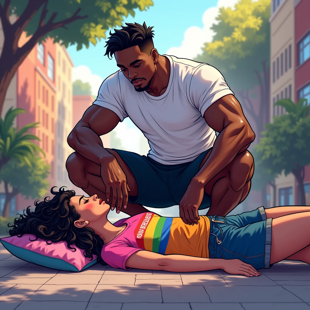 anime art: marvel art style, a masculine 18-year-old black guy with a big bulge, wearing white t-shirt, black nike shorts and slides flip flops , He's squatting down on top of a sleeping woman wearing lgbt shirt