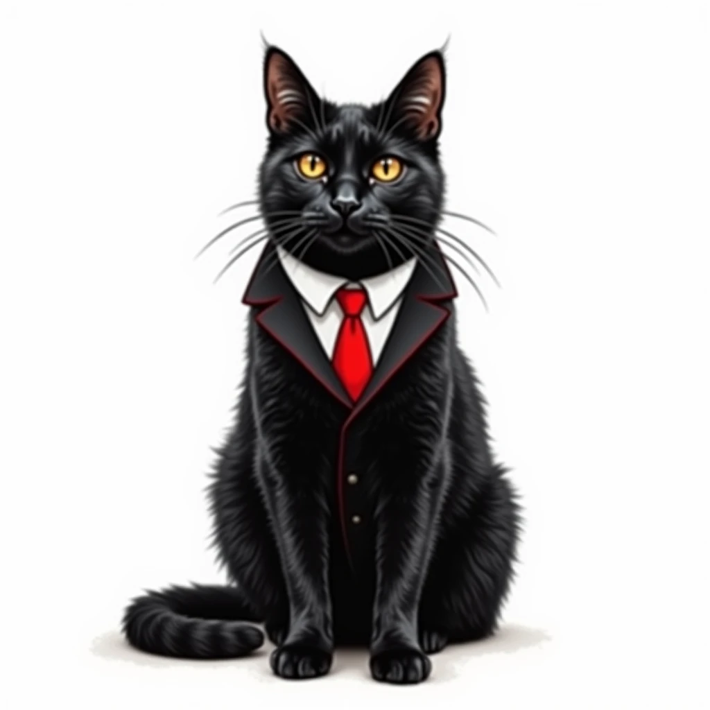 Black cat with body in black suit with red tie, drawing style, minimalism