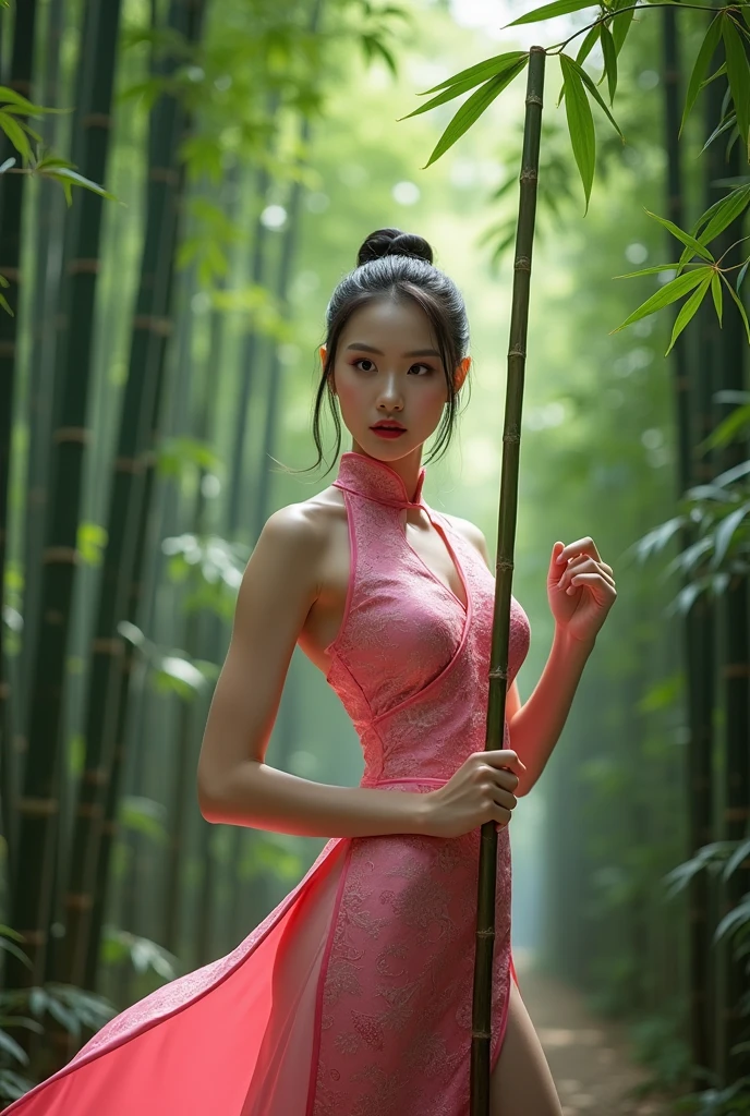 Ultra HD，1 Full body shot of a female in pink short Cheongsam Dress holding a bamboo staff, bamboo leaves fly around me, dynamic pose, in bamboo forest, strike pose