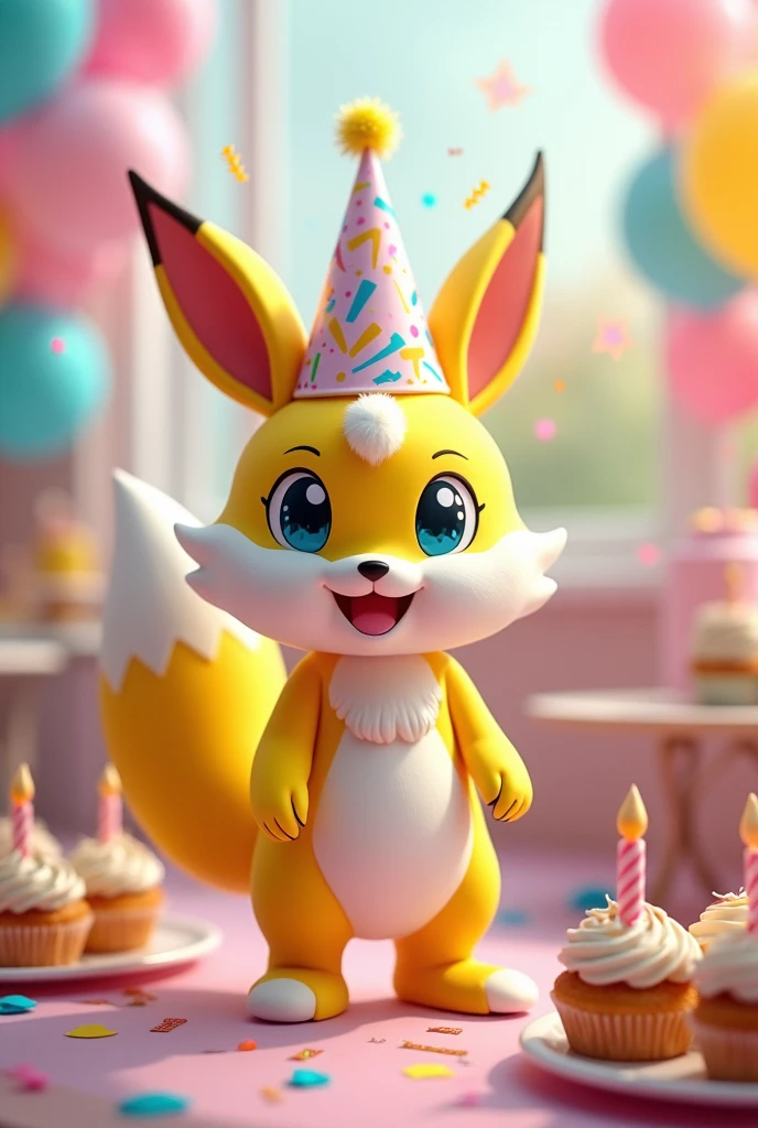 A Renamon Furry with a birthday hat 
