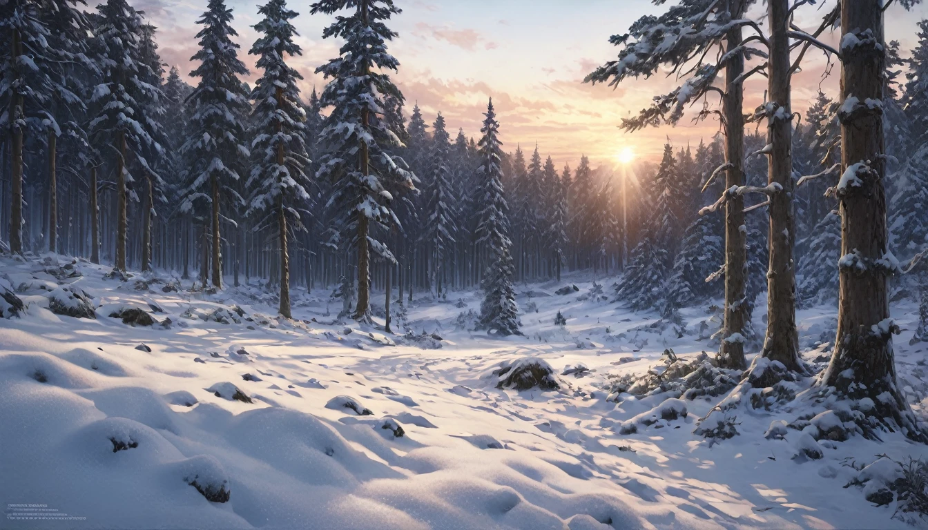 winter forest at dawn, trees in the snow, realistic, hyper-detailed, high quality,