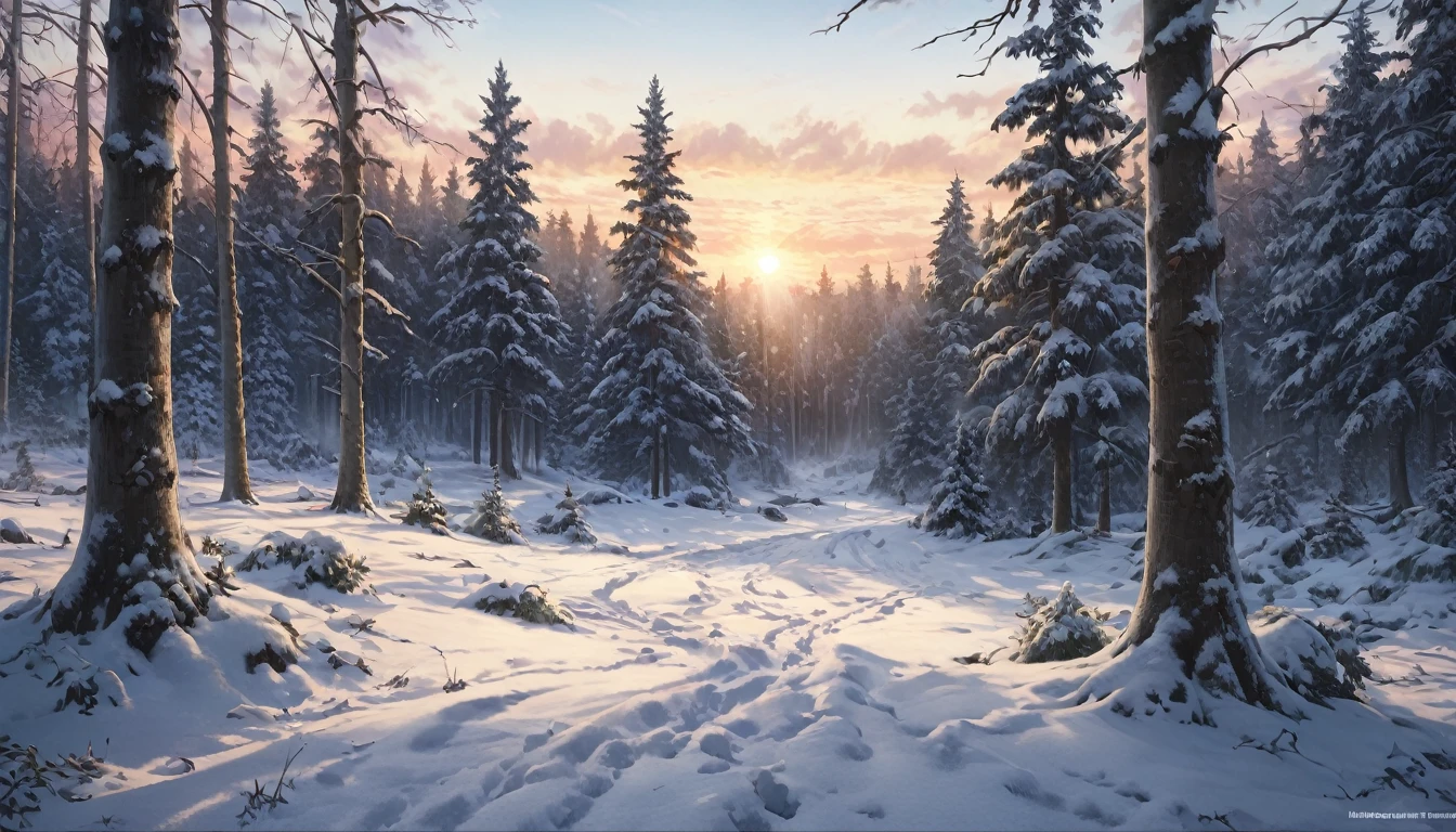 winter forest at dawn, trees in the snow, realistic, hyper-detailed, high quality,