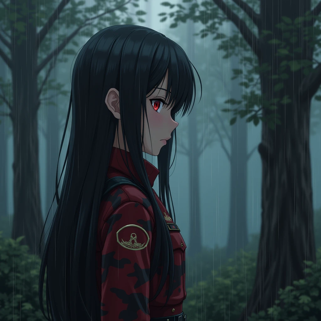 Girl, Soldier, Long Hair, Red Iris, Military Outfit, Red and Black Camouflage, Defeated stare, rain, forest, anime
