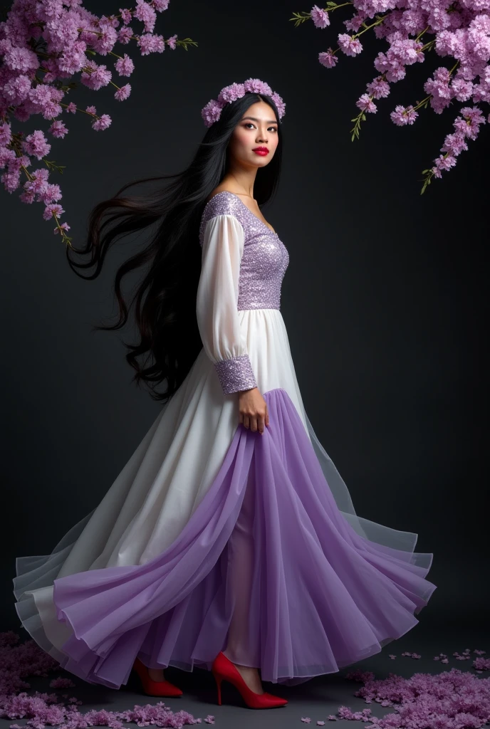 "Beautiful Islamic woman with long black hair, wearing a long white purple dress, and has flowers in her hair,wearing red high heels, the woman looks at the camera with a curious expression as she walks,The picture was taken from the front with a purple flower frame.,The background is matte black"