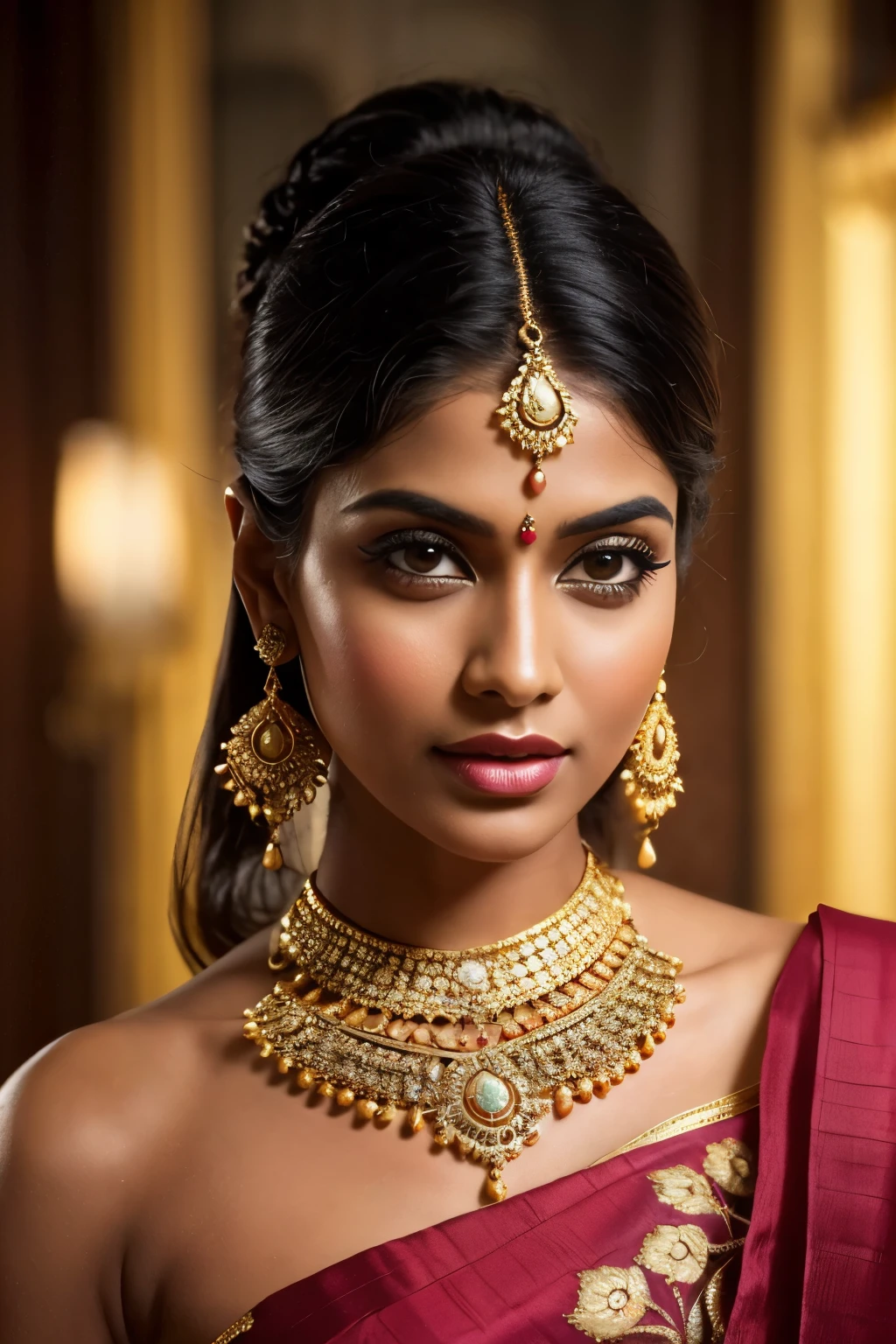 "Create an image of a retro Indian woman from the 1960s. She has a rich black skin tone and is dressed in a traditional Indian sari with bold, vibrant colors. Her hair is styled in a classic updo, with a small bindi on her forehead. The image should capture the essence of the era, with vintage accessories such as gold earrings and bangles. The background should be simple, perhaps with a muted color that complements the retro theme, emphasizing her traditional elegance and grace."