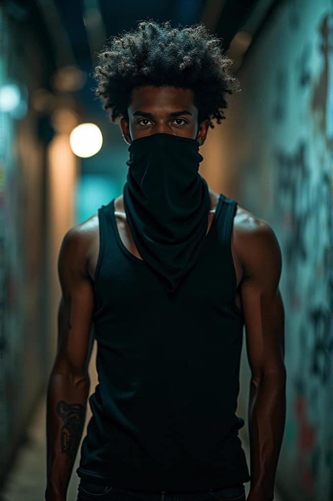 black male, with black bandana mask,black curly hair,eye white,dark clothes,