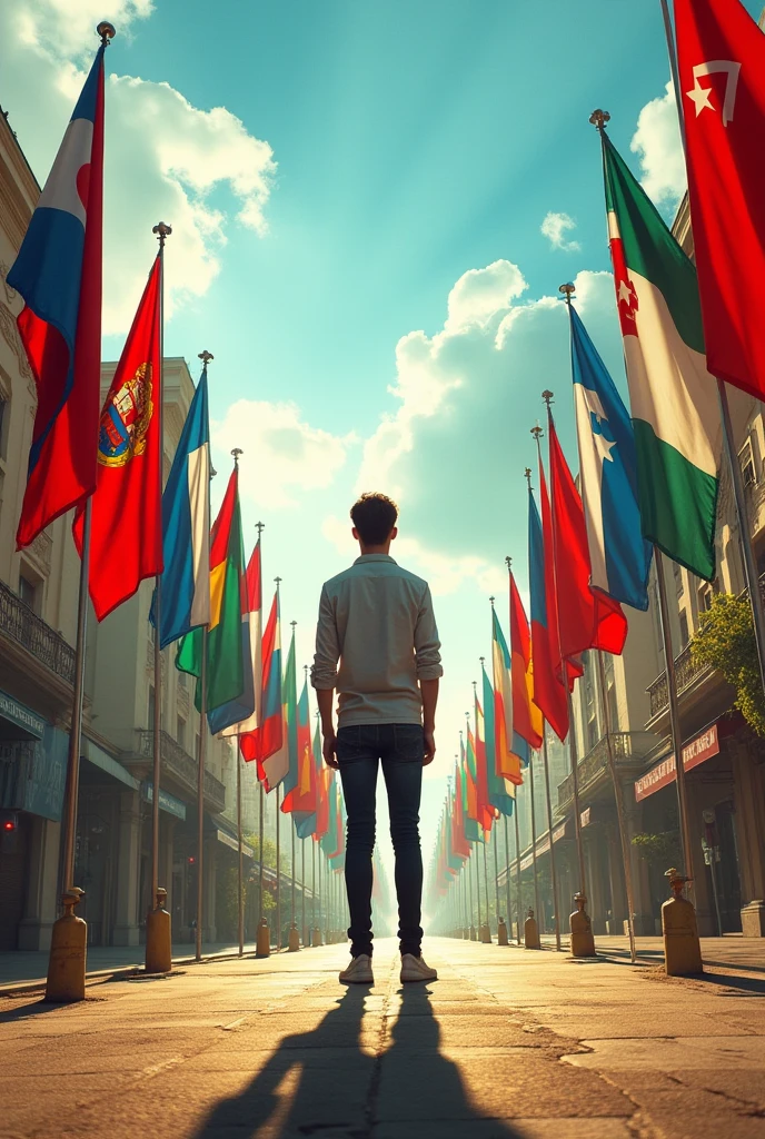 Create an image of a person standing at a crossroads, symbolizing indecision between nationalism and globalism. The scene should feature the individual in the center, visibly torn and contemplative, with two distinct paths branching out from the crossroads. One path, leading to the left, should be adorned with symbols of nationalism, such as national flags and patriotic icons, while the other path, leading to the right, should be decorated with global symbols like international flags and interconnected networks. Use contrasting colors and lighting to visually distinguish the two paths, with warm, intense hues for nationalism and cooler, serene tones for globalism. The overall mood should convey the complexity and weight of the decision facing the person.







































