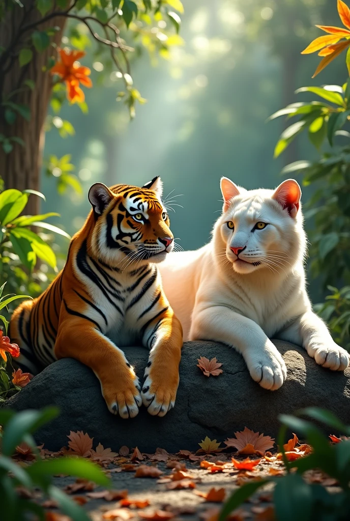 White big Cat and tiger friend in jungal real pic