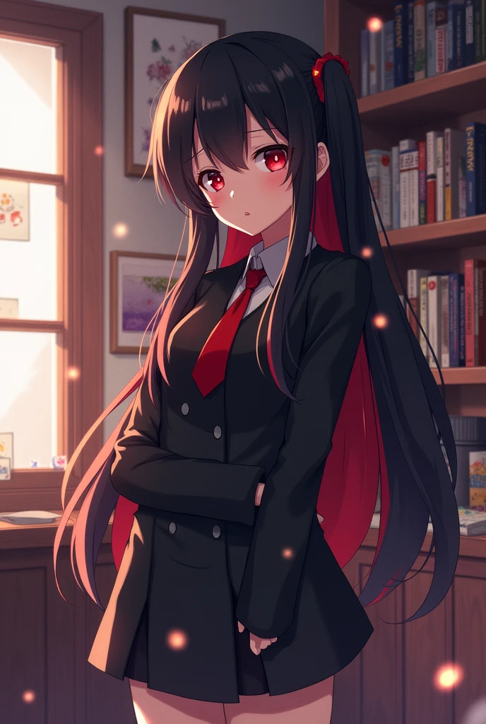 an anime one, with black hair color a red streak in the fringe, long hair, long hair,red eye color, scene in the room without not having your back turned