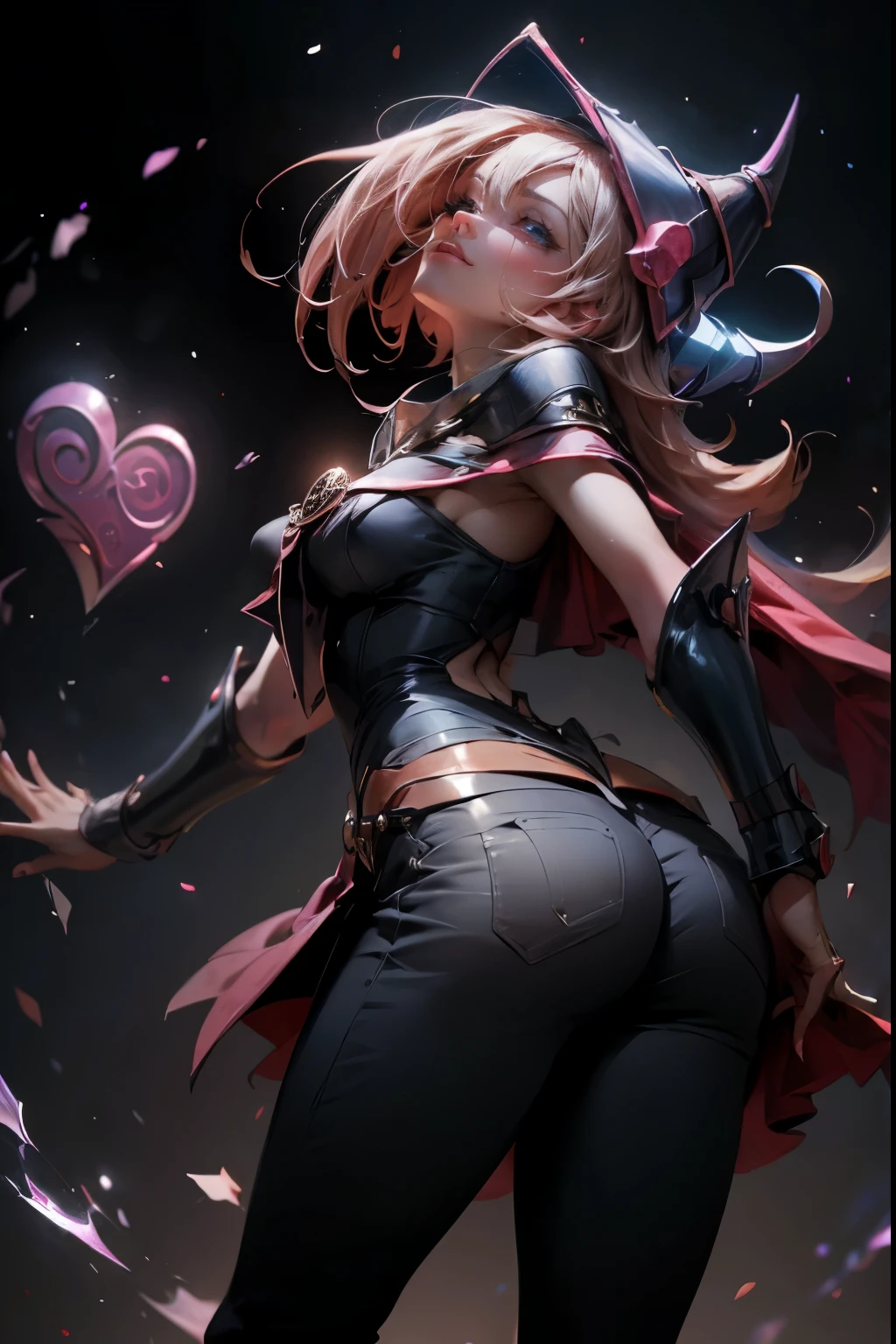 dark magician gils, with high-heels. Pants, sexy, Subjective and sensual pose, standing showing her butt. Her red thong is falling out.. magic background. Magical heart in the air. magic circle