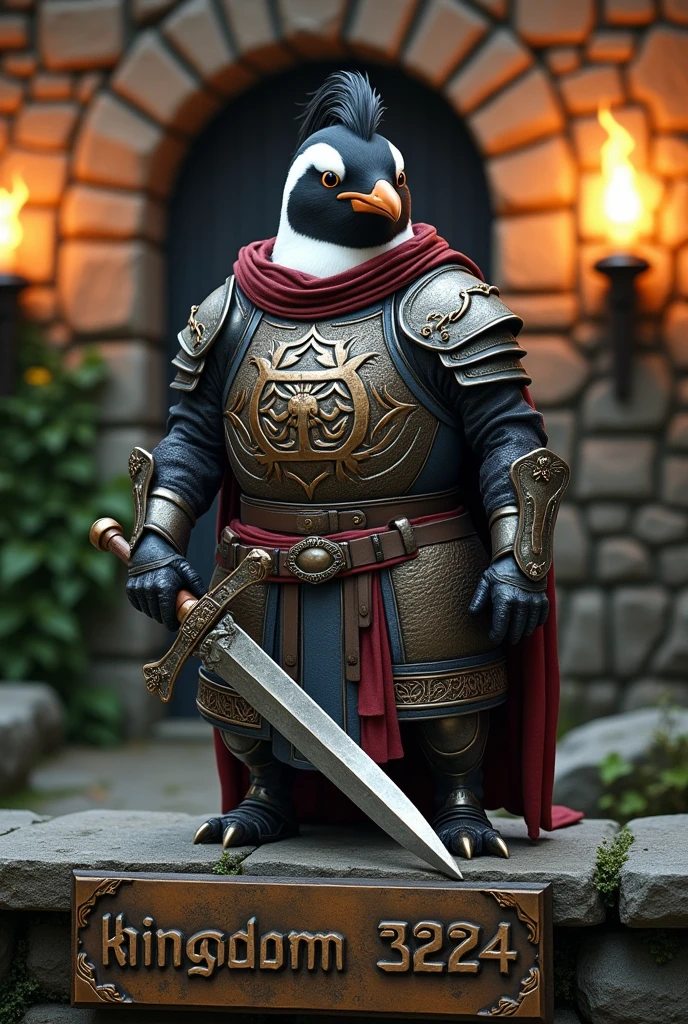 Medieval penguin warrior and a plaque below him that says "kingdom 3224"