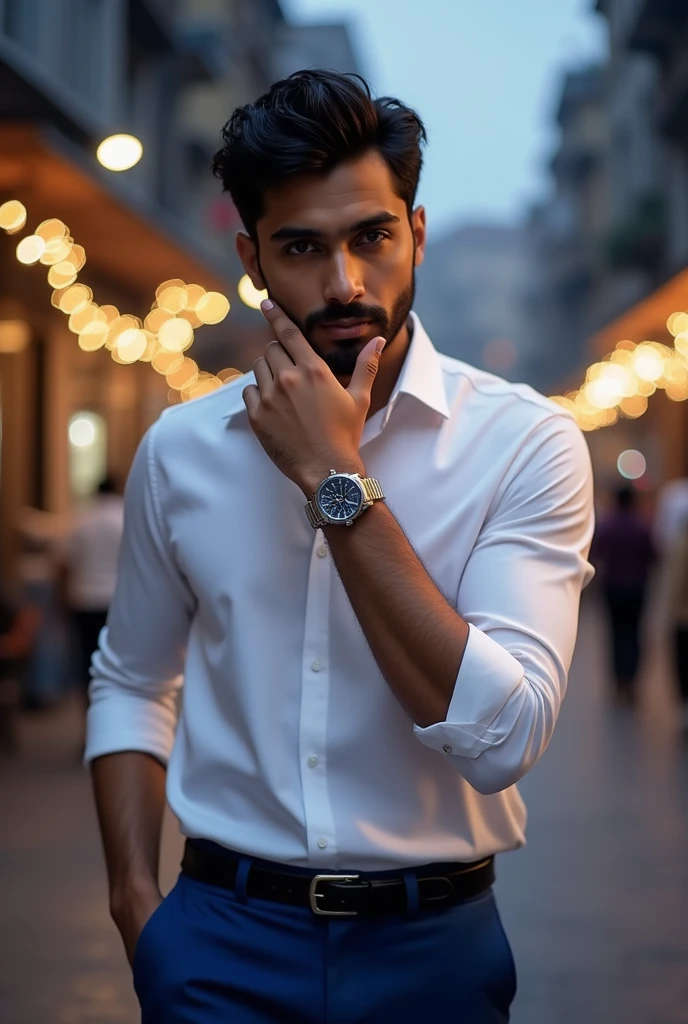 A27 years old boy hiding face susanth sing rajput face with hand wearing whote shirt and tucked inside a blue pand and black loffer with GUESS WATCH on hand