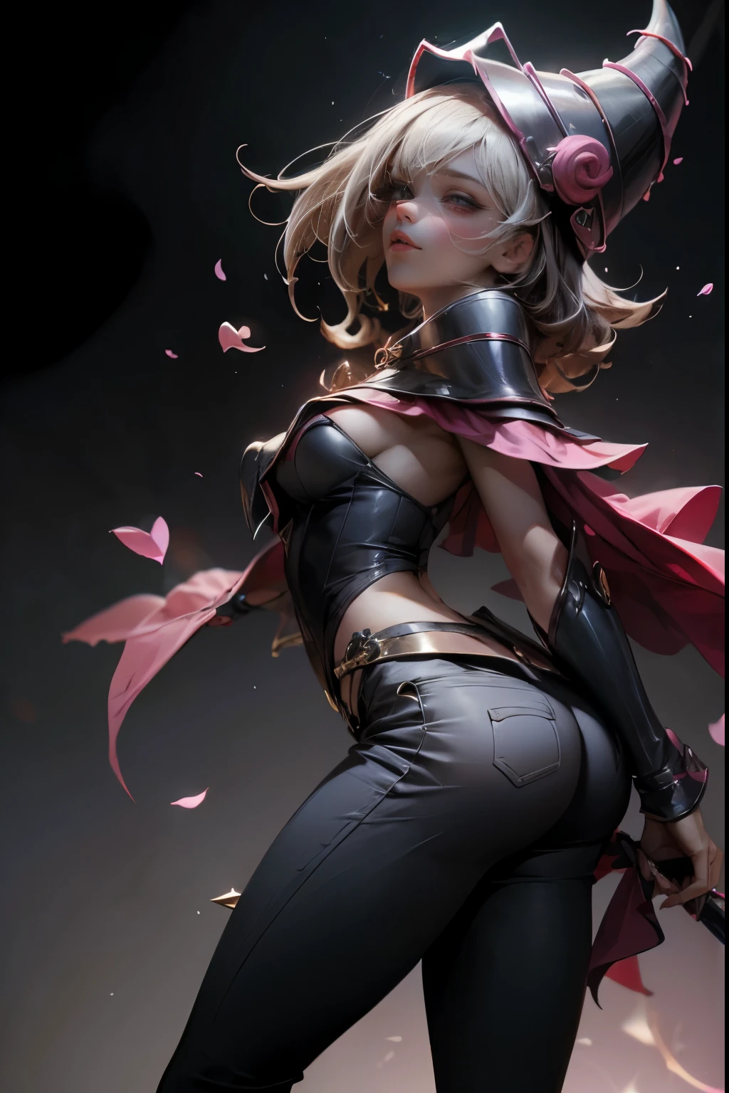 dark magician gils, with high-heels. Pants, sexy, Subjective and sensual pose, standing showing her butt. Her red thong is falling out.. magic background. Magical heart in the air. magic circle