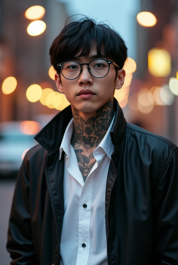 18 year old American boy with straight black hair in a medium cut, wears a white dress shirt, jaket, use gray glasses, He has a strong body and tattoos on his arms 