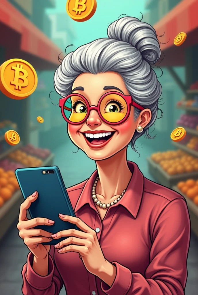 A grandmother with a smartphone, smiling while buying something with Bitcoin in cartoon for a memecoin