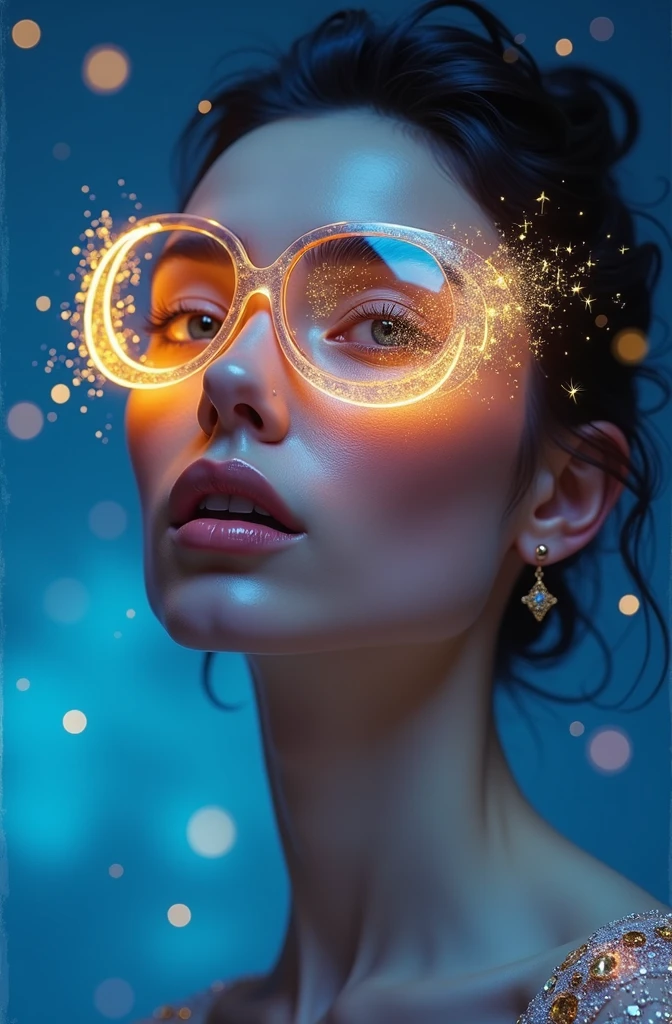 model wearing vitreous sunglasses with star and moon in the glass, in the style of dark sky-blue and light yellow, minimalist pen lines, fairy kei, use of precious materials, vibrant and lively hues, captivating, glitter 