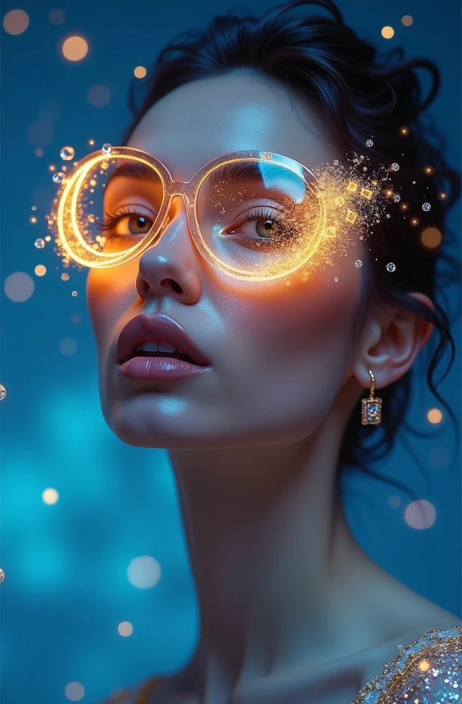 model wearing vitreous sunglasses with star and moon in the glass, in the style of dark sky-blue and light yellow, minimalist pen lines, fairy kei, use of precious materials, vibrant and lively hues, captivating, glitter