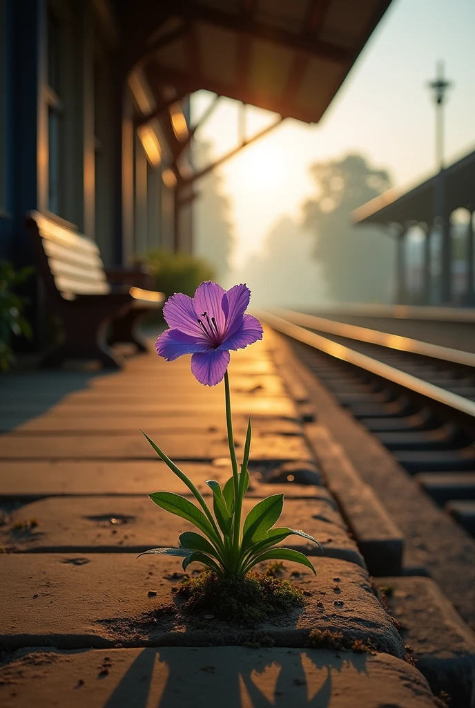 A purple flower in the early morning in the railway station platform with sun light with long shot photography 