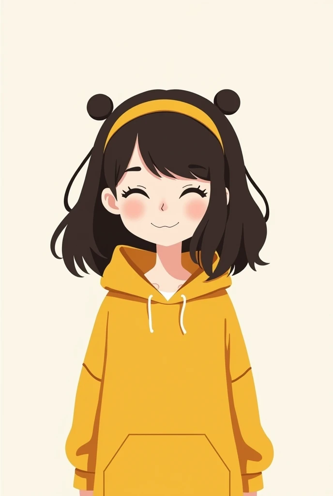2D Minimalist Character Design. black outline. Girl with loose dark brown hair. In a yellow hoodie. headband. Round ears.
