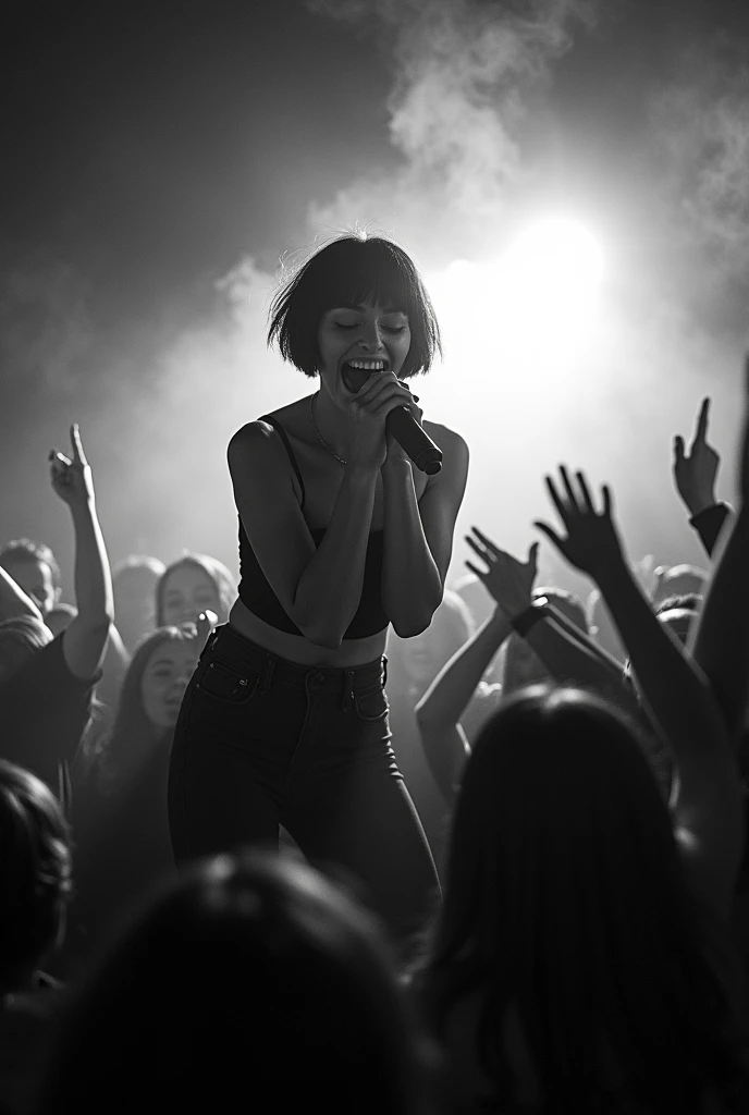 Short Bob、Japan Female Vocals、Japanese、8k、live house、Dark lighting、A stage filled with smoke、punk、Black and white photography、Woman shouting into a microphone、Diving customer、