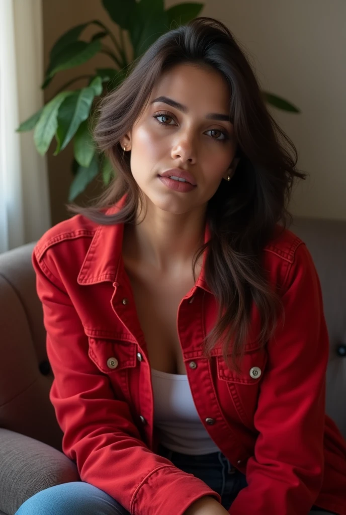 Genrate a sexy lady influencer. Very realstic. 22 years old. Very Fair face. Cute face. Red Denim jacket wearing. Slim nose. Very light brown eyes. Beautiful slim lips. Beautiful face. Beautiful eyes. Sexy Indian lady. She is the lovely sexy lady. Realistic background. she is sitting on the sofa. sexy lady 