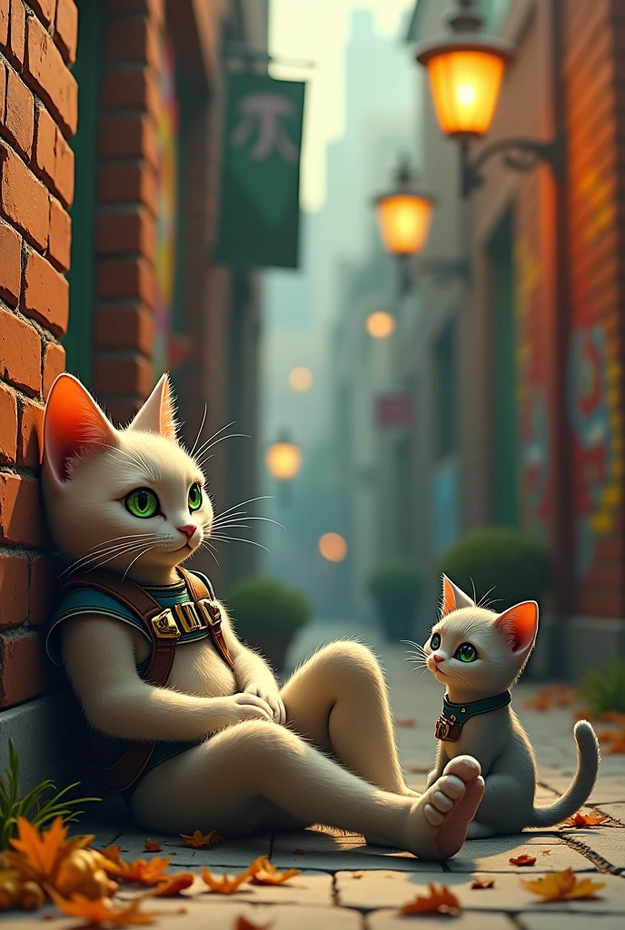 Anthropomorphic cat almost without sexy clothes with a gray cat