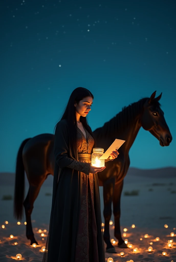 Draw a picture of a girl of 30 years old in brave's costume, having straight black hair standing in desert holding a jar which is decorated with LED lights inside. The girl is holding a chit and reading it.
On desert there are lots of chits everywhere without led lights.
A black horse is standing behind the girl on left side.
The whole picture is in dark mode.