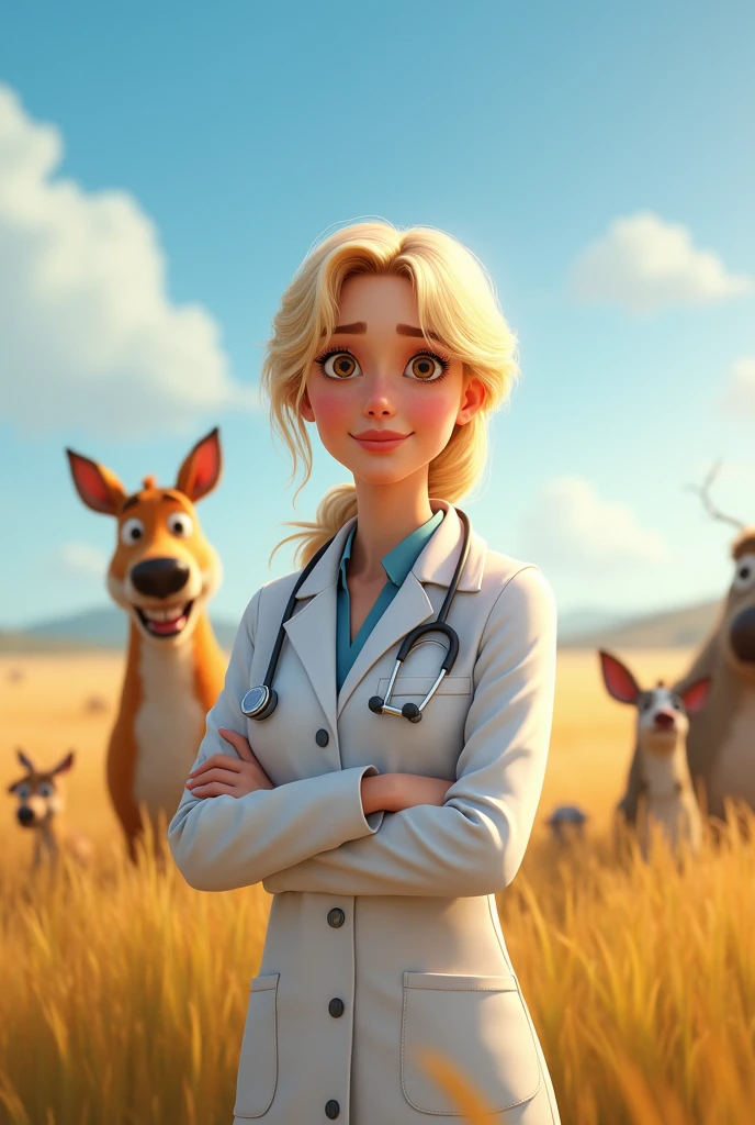 Most realistic Pixar poster of a white woman with blonde hair and light brown eyes in a white coat is a veterinarian in a beautiful field with several animals