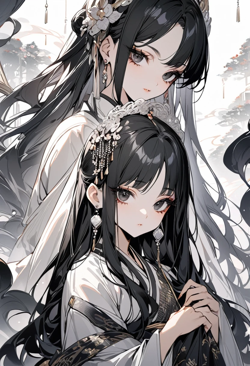 ((best quality)), ((Masterpiece)), (details), Young woman, Young womanที่เป็นผู้ใหญ่ ,alone, ( black hair, black eyes, beautiful face,  Beautiful skin , Long eyelashes, Thick eyelashes) ,  extremely clothes,  Chinese Hanfu Style, beautiful hair jewelry, earring jewelry, Head and hair jewelry, antique jewelry,Flowing tulle，light toned，light toned，Ink painting style，clean color，