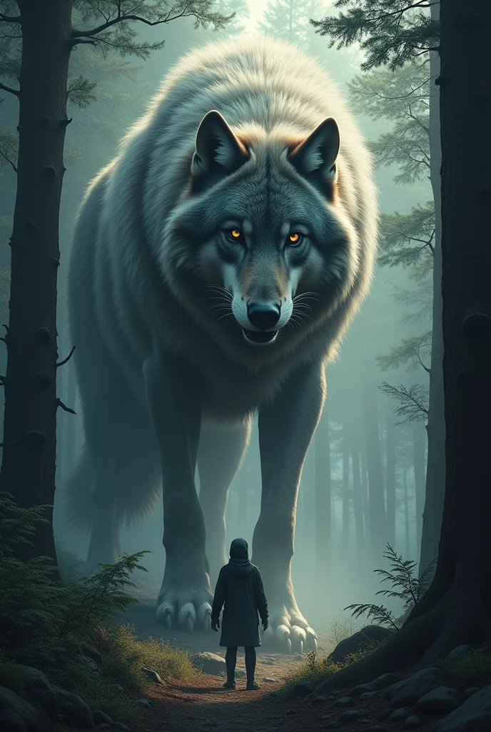 The image shows a colossal and intimidating wolf in a dense and dark forest environment.. The wolf has thick, grayish fur, with touches of white around the muzzle and paws, giving it a wild and ancient appearance. His eyes are large and amber in color, radiating an aura of cunning and ferocity. His sharp teeth partially appear between his lips., as if growling or about to attack.The surrounding landscape is an ancient forest, with tall, thick trees, whose canopies block most of the light, leaving the environment shrouded in deep shadows. There is a human figure with its back to the wolf, highlighting the difference in size between them. The atmosphere is cold and humid, with a light fog hanging over the forest floor, creating a sense of imminent danger. The light that penetrates through the treetops gently illuminates the wolf, highlighting the details of his fur and the intensity of his gaze.