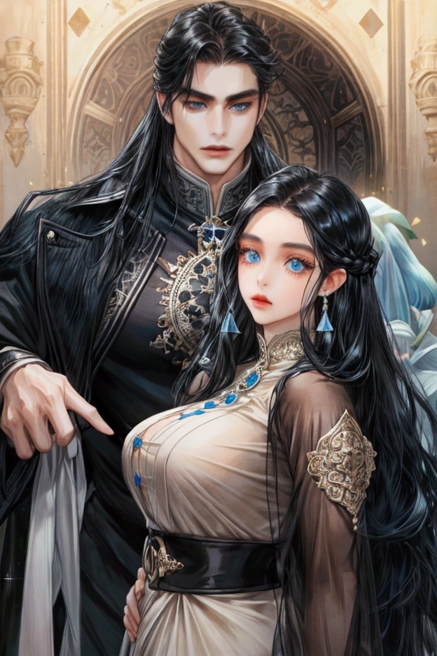 a woman with a chubby hourglass body with long straight black hair, she have blue eyes, and a man with long black hair