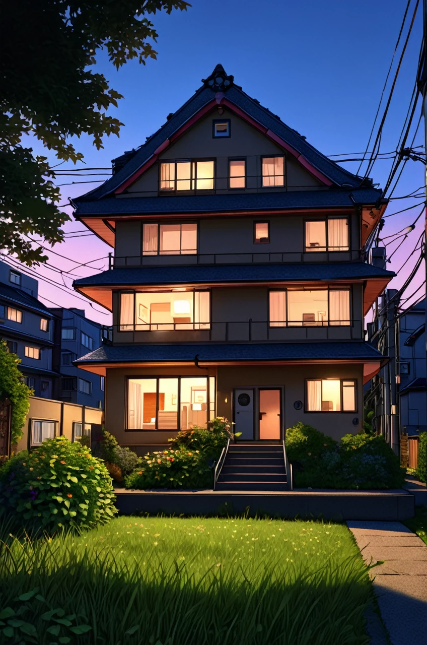 Anime Modern house on heart of Tokyo city in the dawn, low light, perfect lighting,ultra realistic, high resolution, highly detailed, grass on the front of house, electric pow,dawn light behind the house,