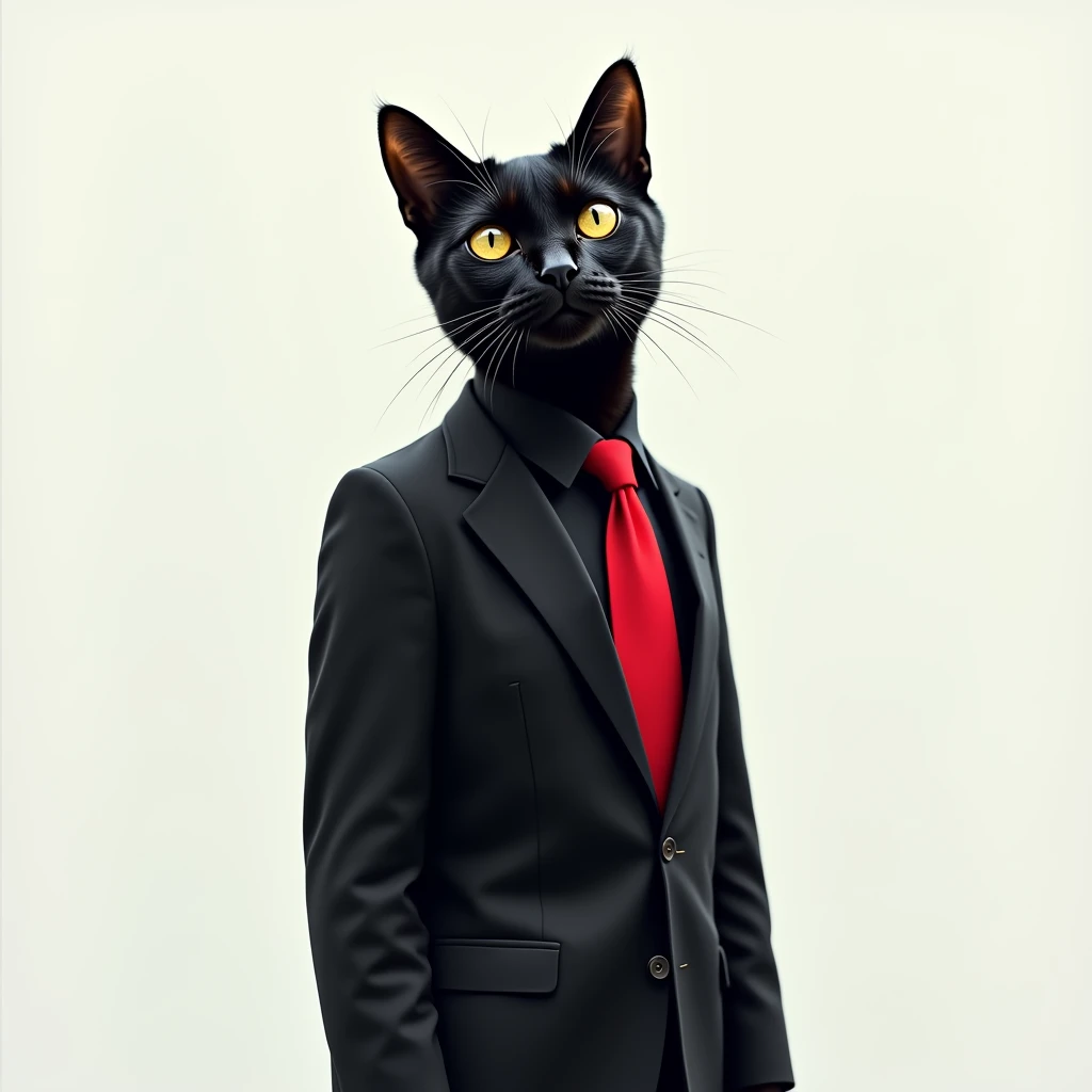 Black cat with body in black suit with red tie, drawing style, minimalism