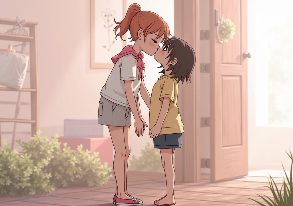 8 foot tall 15 year old girl towering height kissing shorter girlfriend with lifting, taller than her, with her very short and thin girlfriend, lifting and kissing her, girl towering height kissing shorter girlfriend with lifting, taller than her, with her very short and thin girlfriend, lifting and kissing her,ont of her house, significantly taller than the door, with her very short and thin girlfriend, lifting and kissing her, dramatic lighting, photorealistic, highly detailed, cinematic composition, moody atmosphere, warm color palette