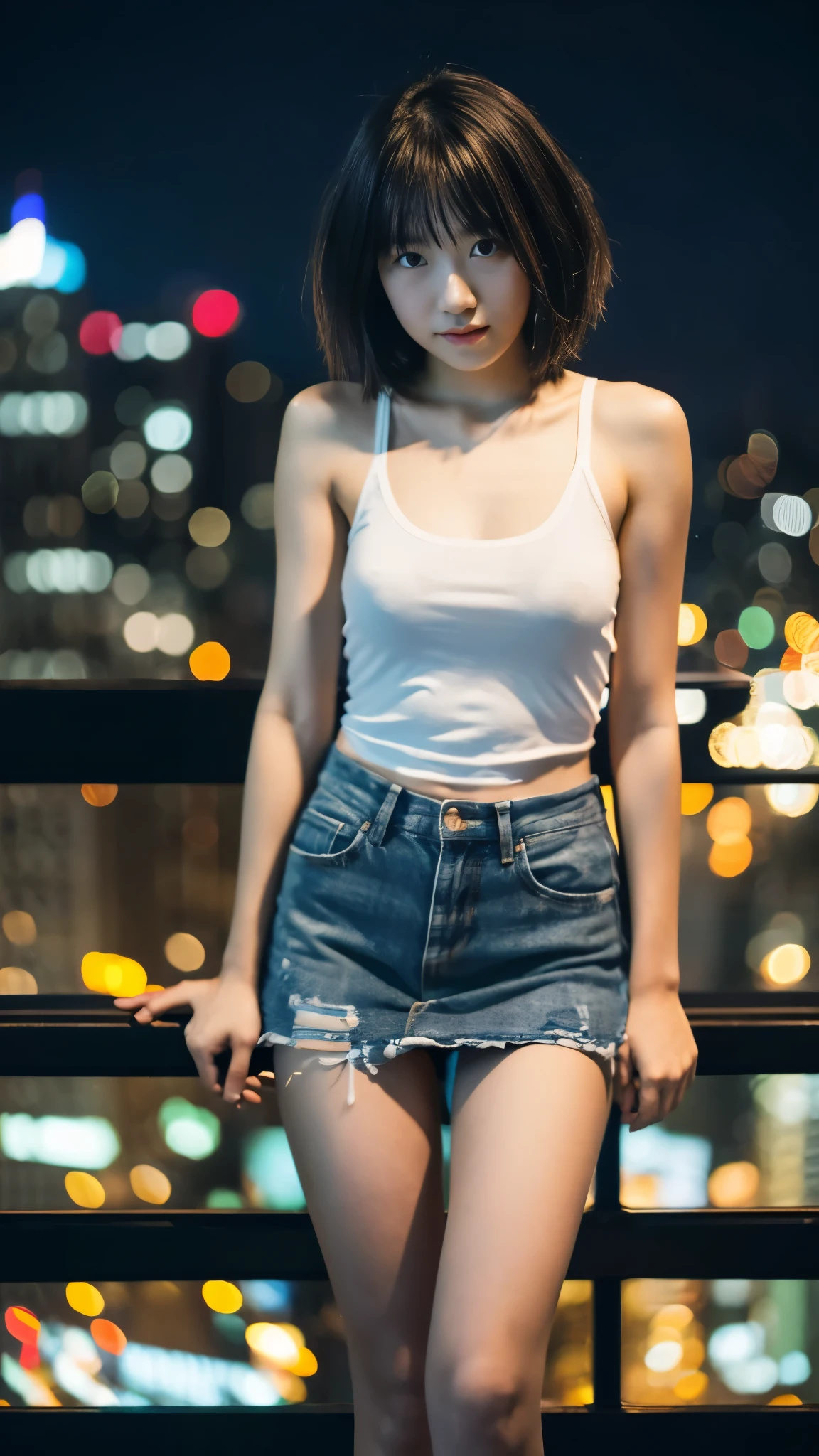 最high quality, table top, High resolution, 24 years old, 1 girl, New York night view, blur the background, full body image, Looking at camera, short hair, Digital single-lens reflex camera, high quality, volume lighting, High resolution, 4K, Japanese college student, stand up straight, ((((upper body photo)))), one person, 