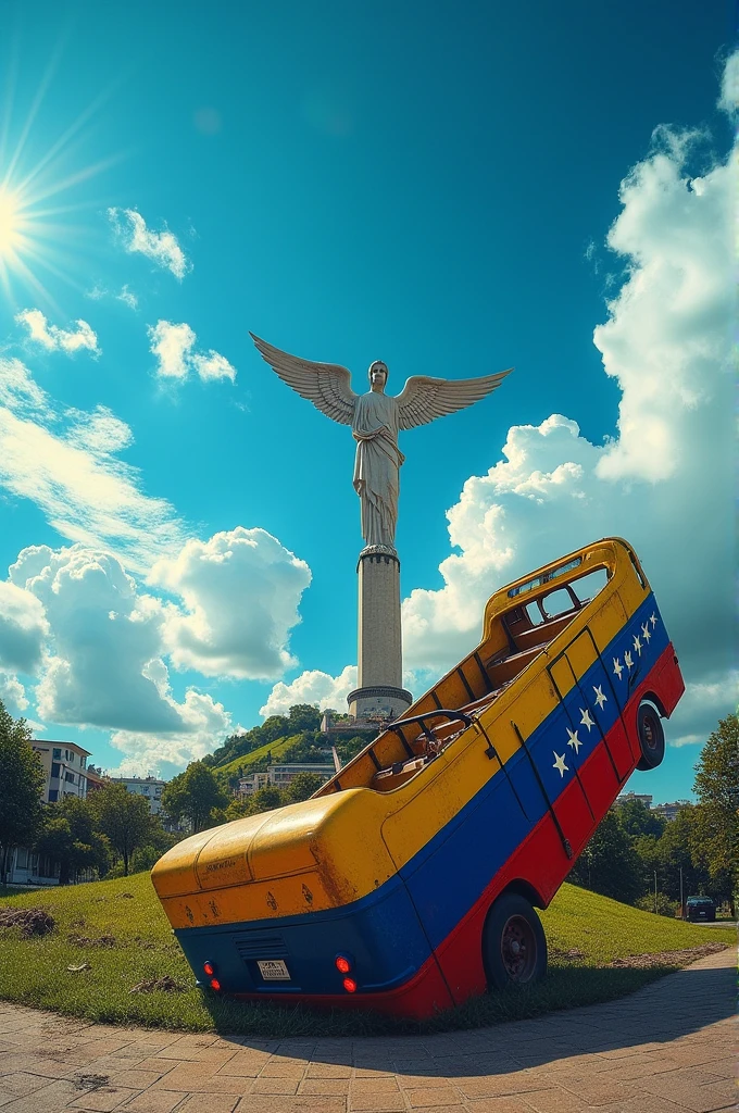 a bus with the colors of the flag of Venezuela that is on its side and in the background the blue sky and the holy angel of Caracas