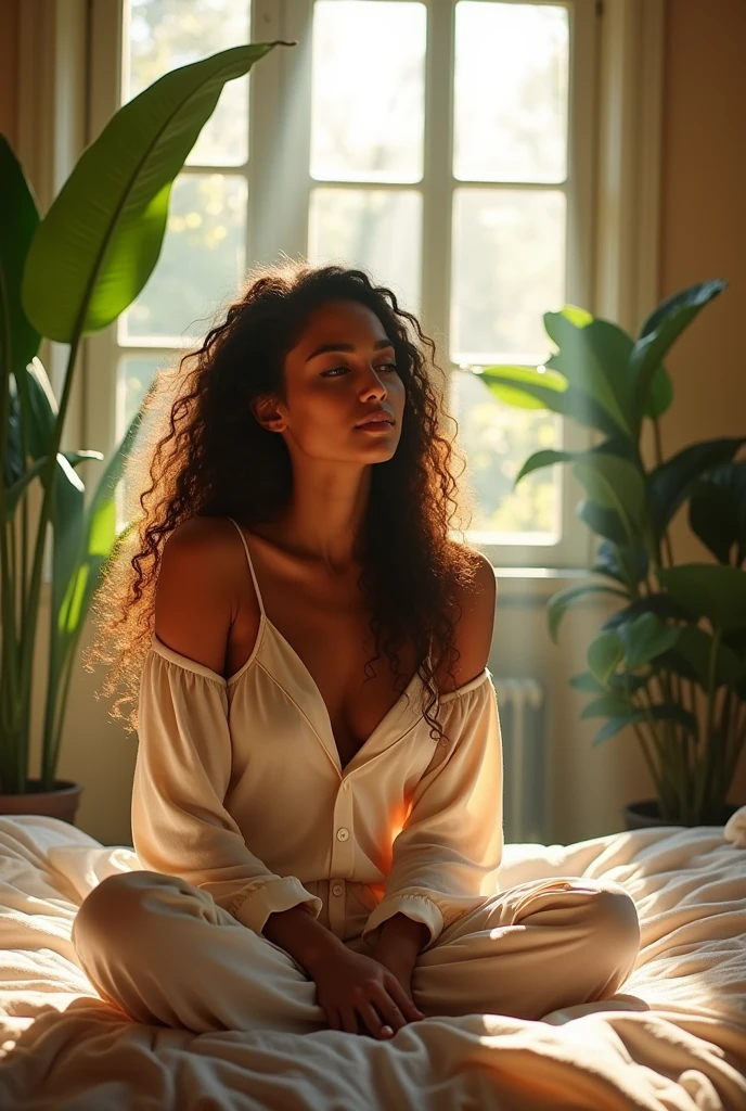 (photorealism:1.2), beautiful woman, sitting on bed, wearing loose off-shoulder top, pajama pants, long curly hair, indoors, soft lighting, plants in background, window with sunlight, cozy room, relaxed pose, realistic, intricate details, warm colors, by Greg Rutkowski, by Alphonse Mucha