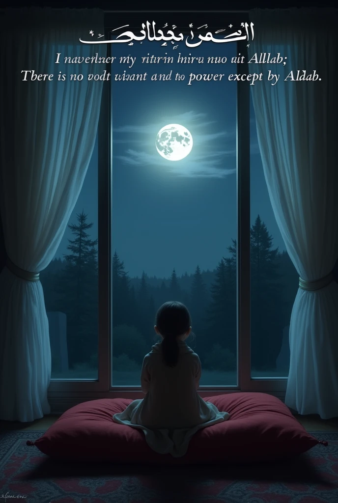 peaceful nighttime scene with a girl sitting on a red cushion, gazing out of a large window. She wears a scarf on her head.The sky is dark with a bright full moon illuminating the landscape of distant trees peaceful nighttime scene with a girl sitting on a red cushion, gazing out of a large window. The sky is dark with a bright full moon illuminating the landscape of distant trees and a clear sky with scattered clouds. The room is dimly lit, with soft moonlight streaming in through the curtains. Above the image, in elegant Arabic script and English translation, is a powerful Islamic supplication: 'In the Name of Allah, I have placed my trust in Allah; there is no might and no power except by Allah.' The mood is serene and reflective, invoking a sense of trust and reliance on the Divine."