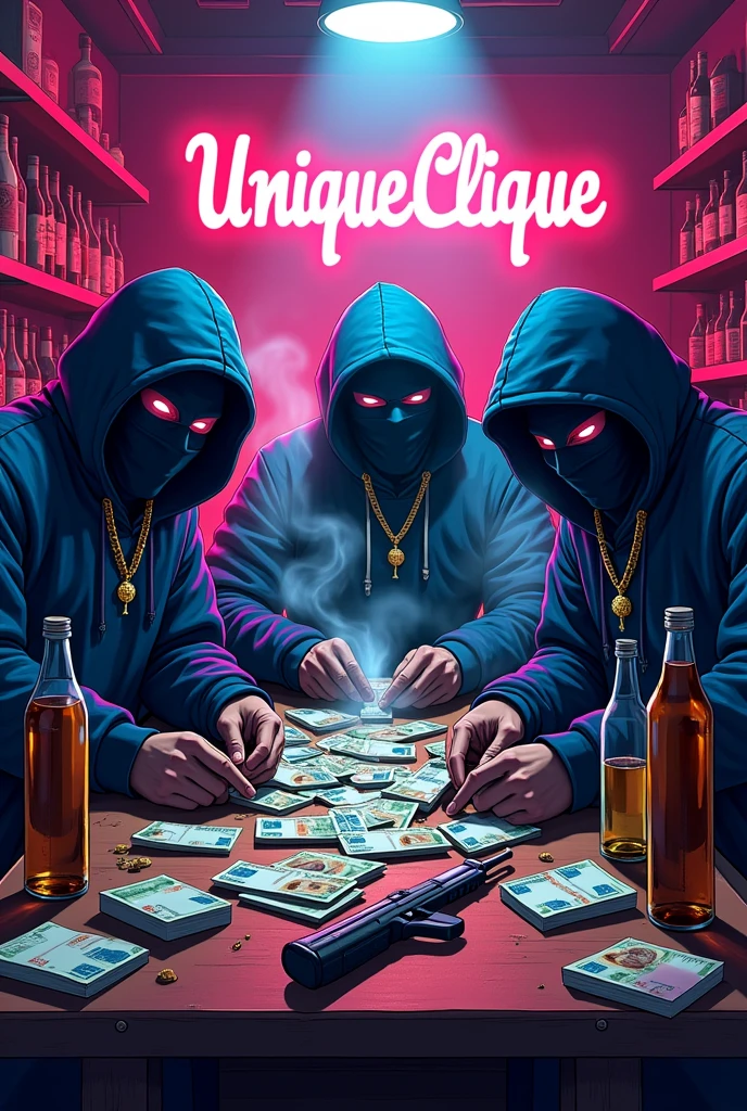 3 masked gangsters in the traphouse counting Euro banknotes through cannabis shops they smoke joints . There are alcohol bottles on the table, weapons and junk food in the background is “UnqiueClique” In a cartoon look the environment is modern, bright and dark