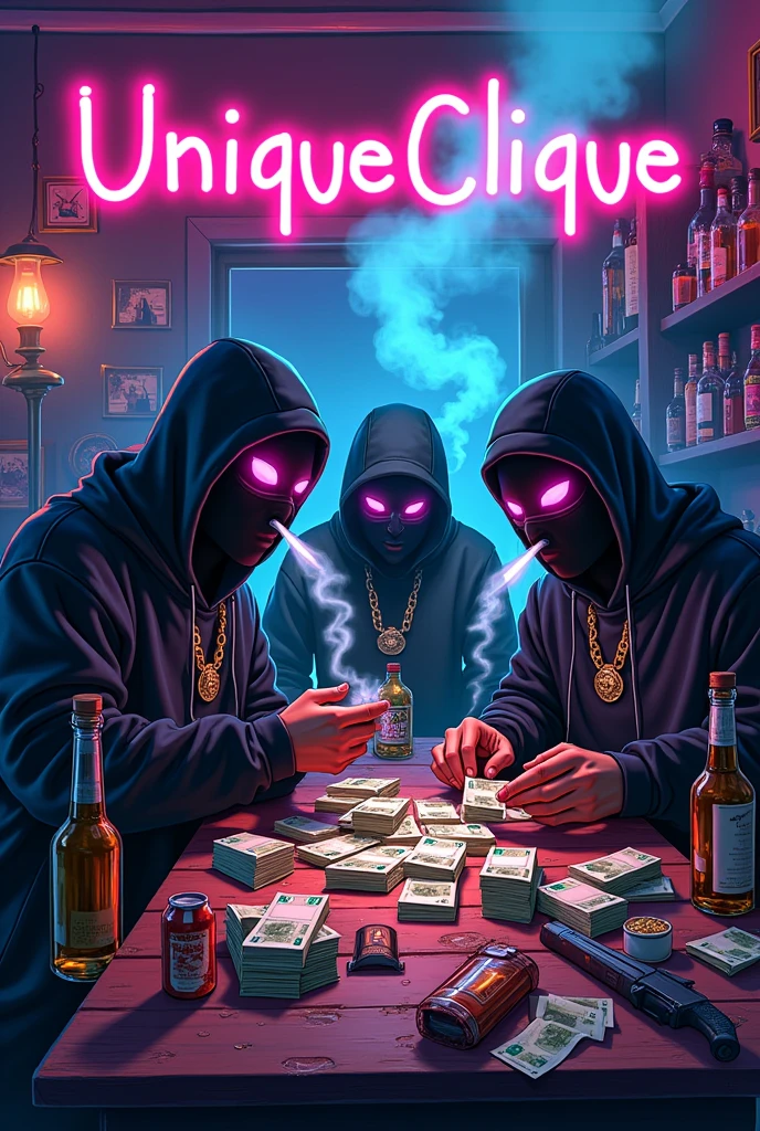 3 masked gangsters in the traphouse counting Euro banknotes through cannabis shops they smoke joints . There are alcohol bottles on the table, weapons and junk food in the background is “UnqiueClique” In a cartoon look the environment is modern, bright and dark