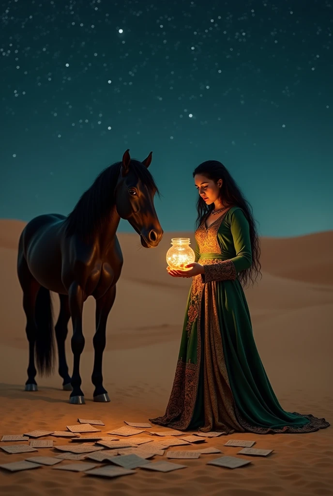 Draw a picture of a girl of 30 years old in brave's costume, having straight black hair standing in desert holding a jar which is decorated with LED lights inside. The girl is holding a chit and reading it.
On desert there are lots of chits everywhere without led lights.
A black horse is standing behind the girl on left side.
The whole picture is in dark mode.